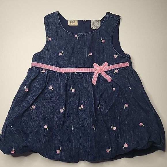 VINTAGE Faded Glory Girls Denim Bubble Dress Pink Embroidered Flowers Sz 6-9mo - Picture 1 of 11